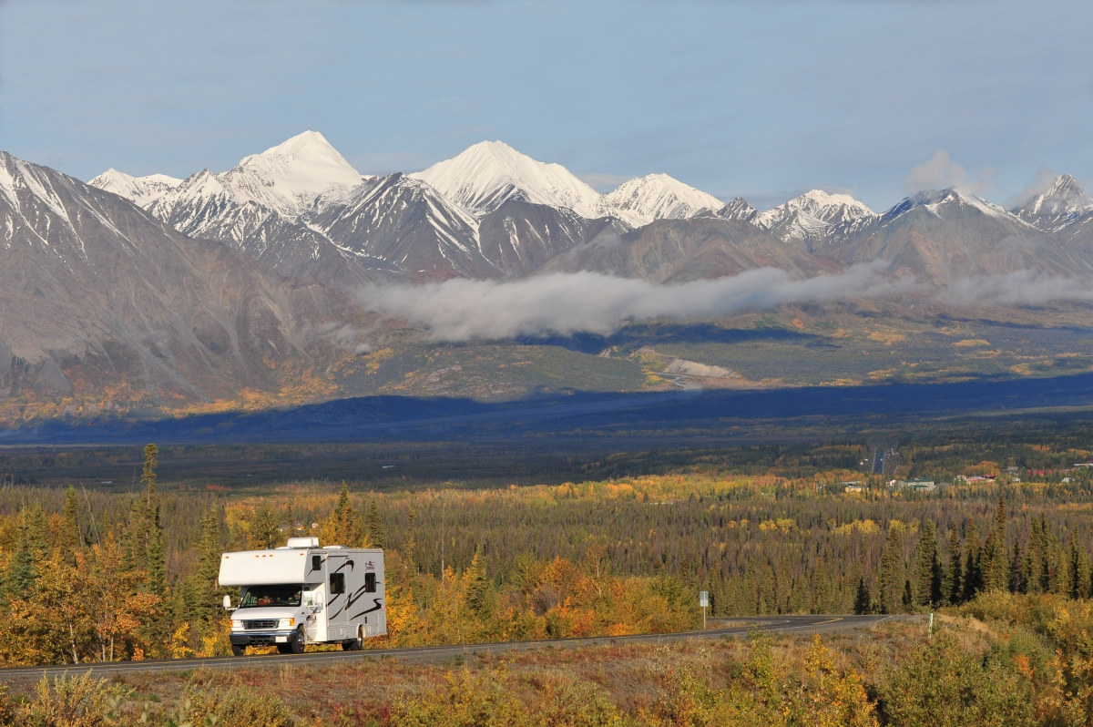 RV on Haines Rd. near Haines Jct., front range of St. Elias Mountains in background